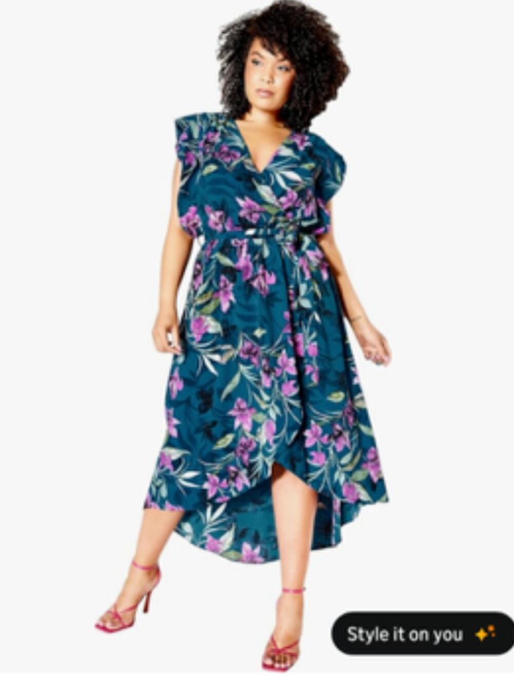 City Chic Teal Floral Faux Wrap Midi Dress Size S (16) EUC Flutter Sleeve